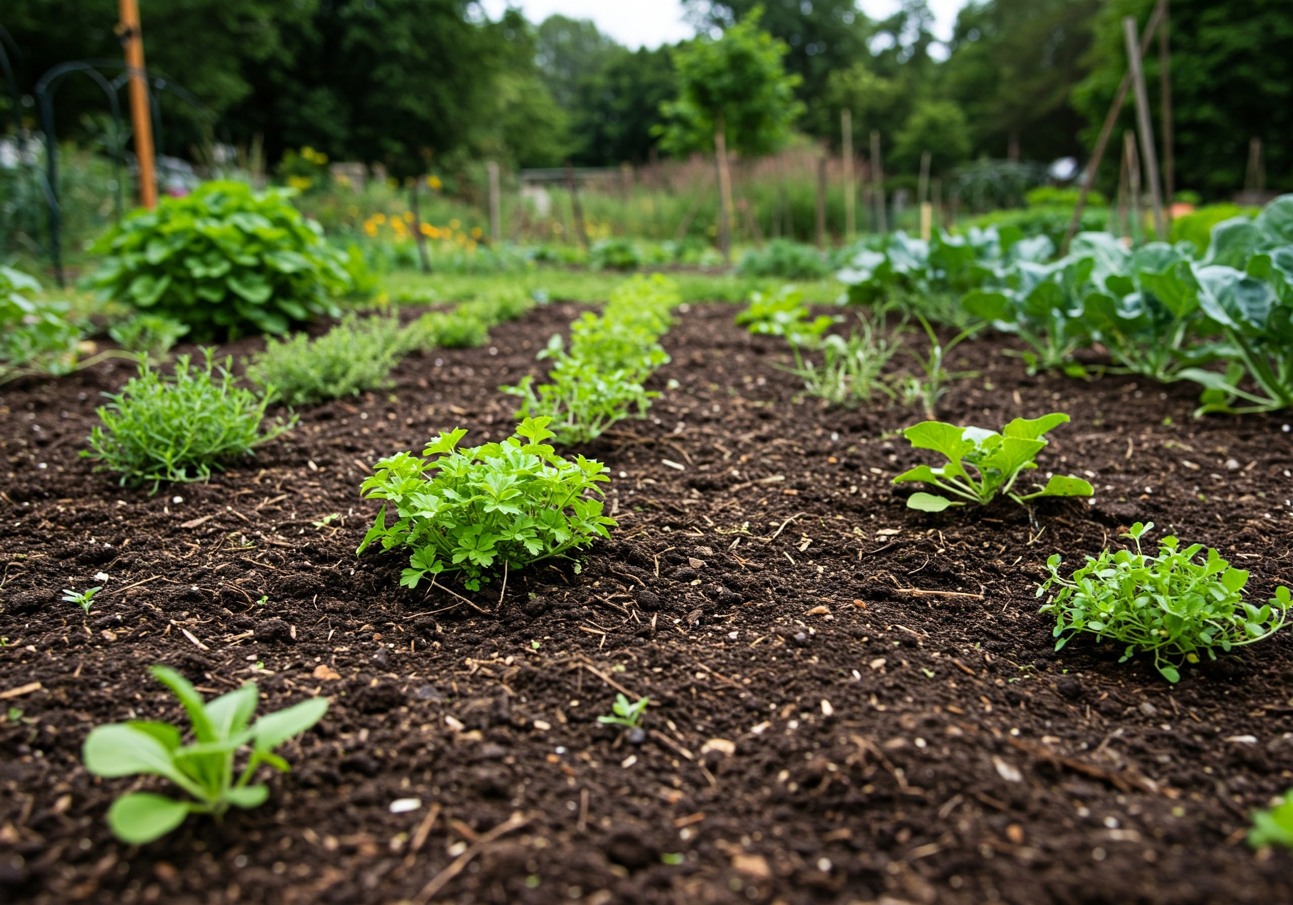 Healthy soil in a polyculture garden.