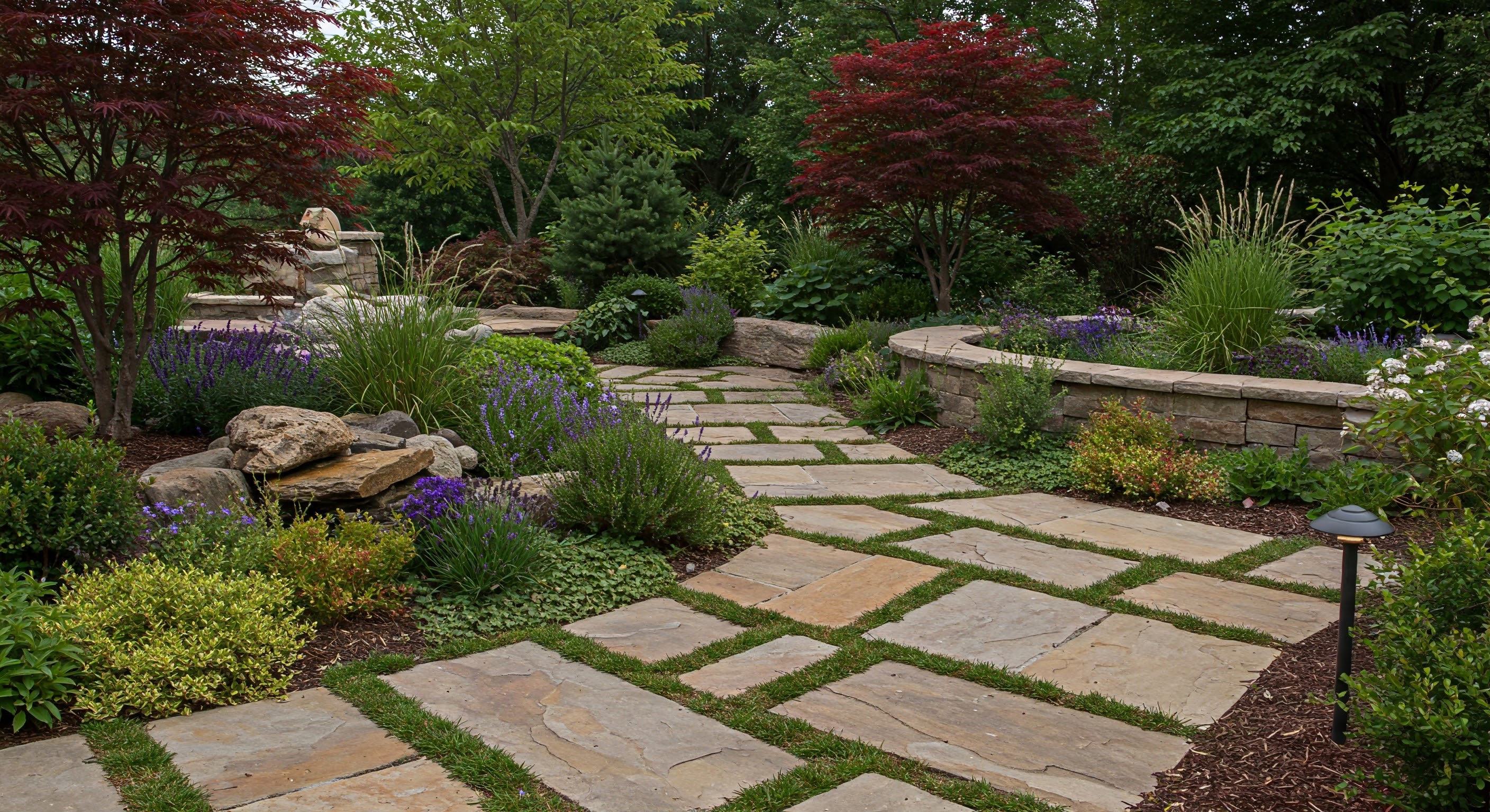 Balanced garden with stone pavers.